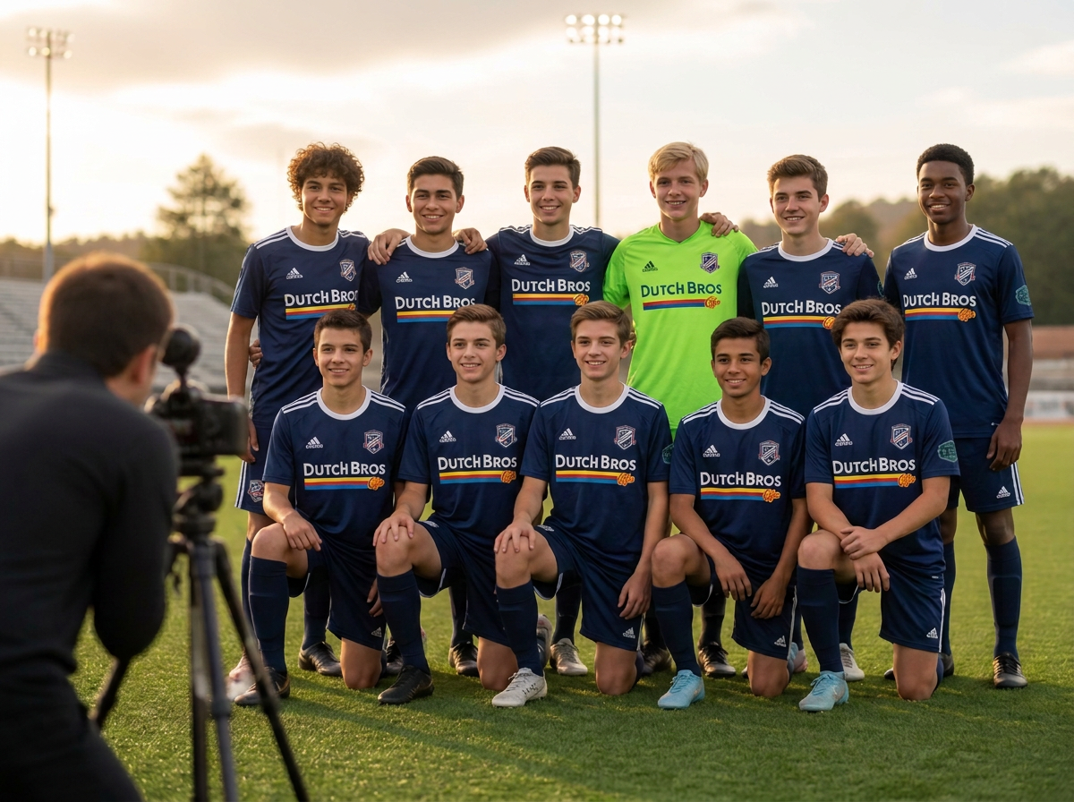 Soccer Smoke Session team photo shoot with Melissa Martinez — players in navy EC Revolution jerseys and a green goalkeeper kit